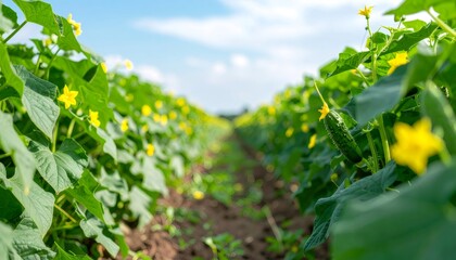 Cucumber plants with yellow blossoms and developing fruits thriving under bright sunlight in cultivated agricultural landscape