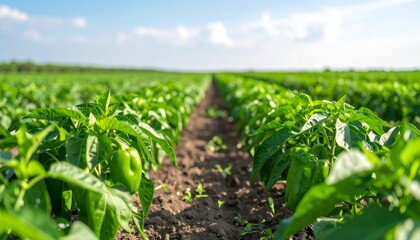 Verdant bell pepper rows flourishing under bright sunlight, showcasing agricultural abundance
