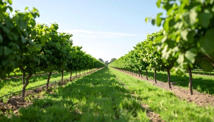 Obraz premium Hazelnut grove extending across verdant landscape, sunlight filtering through leafy branches, revealing lush agricultural terrain