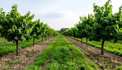 Naklejka premium Wide view of an agricultural field with young hazelnut trees planted in rows, bathed in soft, natural light