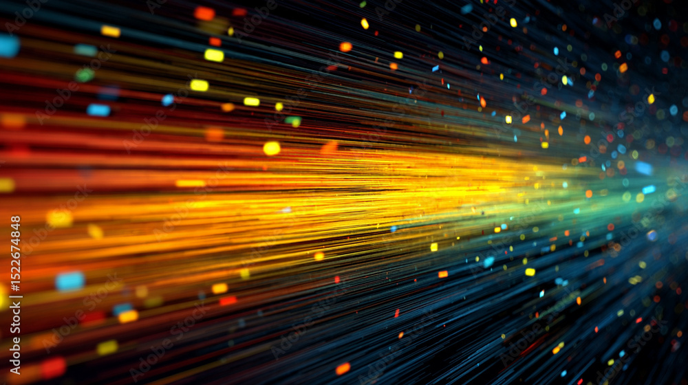 Poster abstract colorful background of light beams and particles, representing technology and data