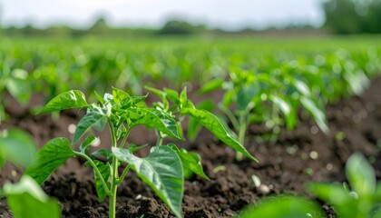 Obraz premium Young pepper seedlings thriving in orderly rows, nestled in rich dark soil under gentle sunlight