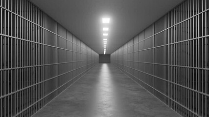 Stark prison corridor featuring metal bars lining concrete walls, bright overhead lighting casting harsh shadows across empty institutional passageway - Powered by Adobe
