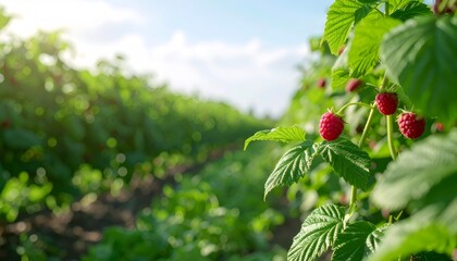 Close up of ripe raspberries growing on a bush in an agricultural field, illuminated by soft, natural sunlight