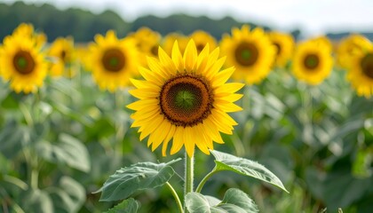 Sunflower head opening amid golden field, mature blossoms surrounding under soft daylight