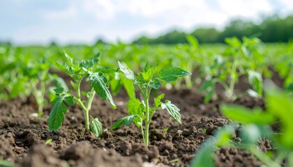 Tomato seedlings sprouting densely across sunlit agricultural field, developing on rich, dark soil