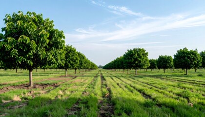 Obraz premium Lush walnut trees thrive in an orchard, forming neat rows across the landscape under a clear blue sky