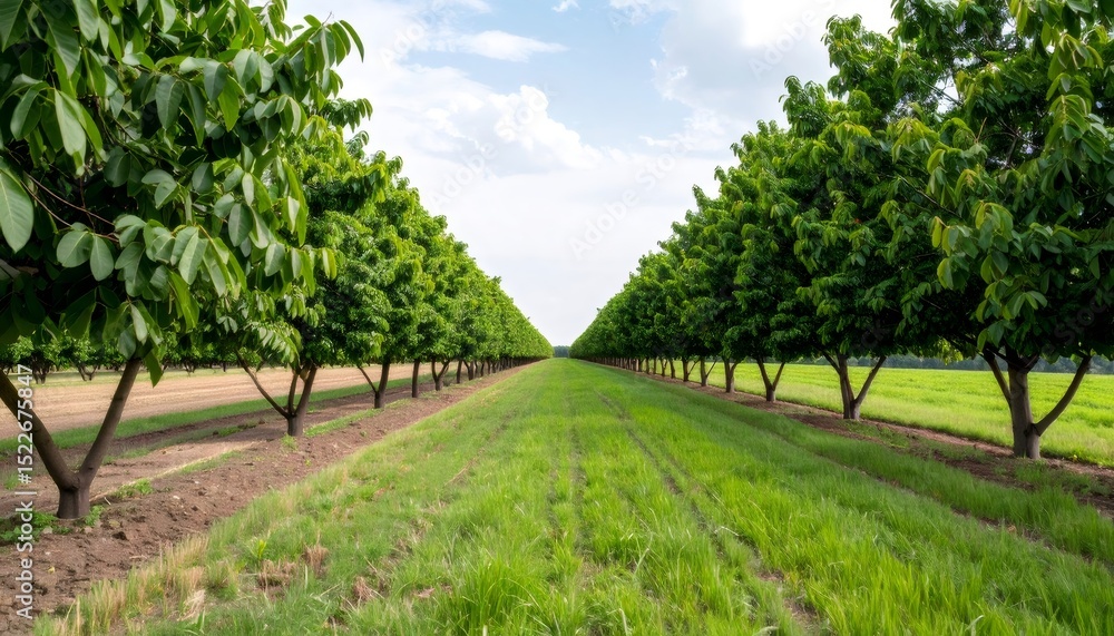 Poster wide view of an agricultural field with rows of walnut trees, illuminated by natural, soft light, cr