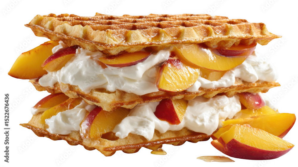 Poster two golden brown sourdough waffles are layered with fresh peach slices and whipped cream, creating a
