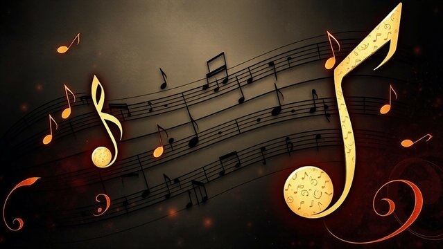 K&uuml;nstlerische Darstellung von Musiknoten auf dunklem Hintergrund mit goldenen Leuchteffekten &ndash; symbolisch f&uuml;r Musikliebe, Kreativit&auml;t und Klang&auml;sthetik.