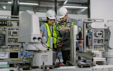 Group of hispanic people working on robot programming in robotic and electronic engineering laboratory. Latino engineer team learning and research automated machine with intelligent mechanical control