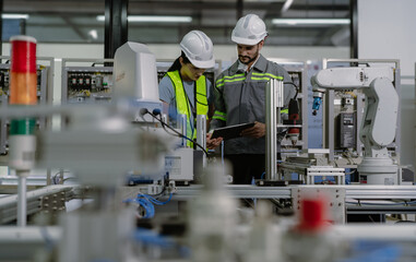 Group of hispanic people working on robot programming in robotic and electronic engineering laboratory. Latino engineer team learning and research automated machine with intelligent mechanical control