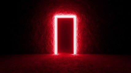 Luminous red neon light gradually revealing hidden doorway within shadowy interior, generating enigmatic and dreamlike visual narrative with pulsing atmospheric tension