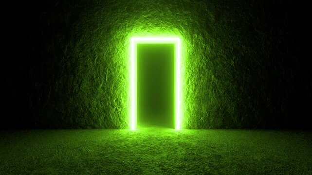 Bright green light surrounds a mysterious rectangular door as it slowly opens in a dark room with textured walls, creating a sense of anticipation and wonder