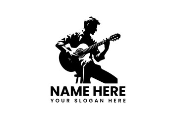 Naklejka premium Dynamic silhouette vector logo of focused male musician playing detailed acoustic guitar performance 
