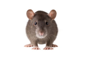 Close-up of a brown rat with whiskers and pink ears on white background, cut out