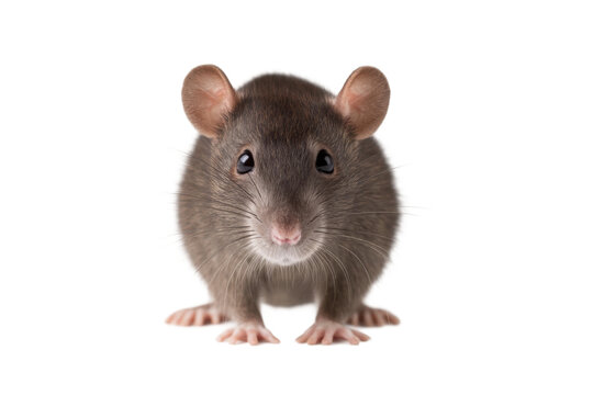 Close-up of a brown rat with whiskers and pink ears on white background, cut out