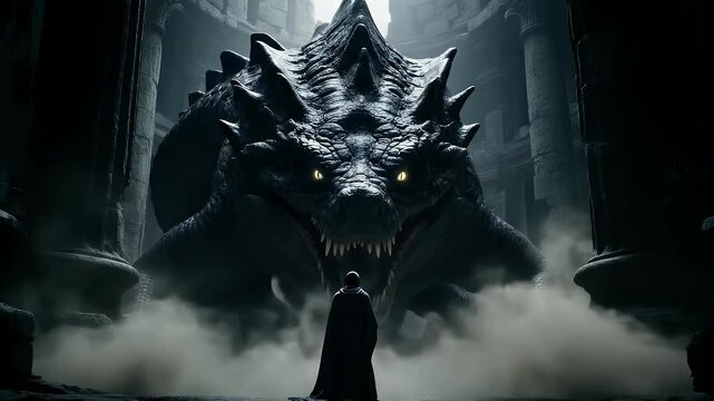 Epic fantasy scene of a hero facing a giant monster