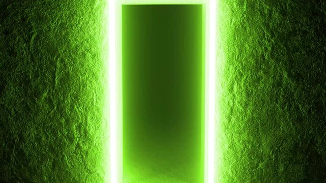 Mysterious doorway glowing with vivid green neon light emerging from dark interior, creating suspenseful atmosphere suggesting supernatural passage between unknown realms