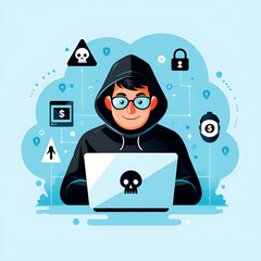 Cartoon Hacker Character on Laptop, Cybersecurity and Hacking Concept Illustration, Cartoon Hand Drawn Hacker Computer Money Illustration 