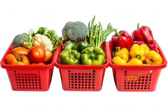 Three red plastic baskets of fresh vegetables isolated on transparent background