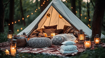 Cozy and Romantic Camping Scene with Lanterns, Pillows, and Warm Lighting in Nature