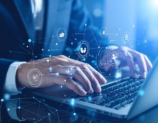 Businessman using laptop with digital interface