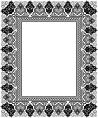 Ornate Frame: A detailed close-up of an elaborately designed, grayscale frame, displaying a sophisticated border with repeating ornamental patterns and offering space for textual or graphic content.