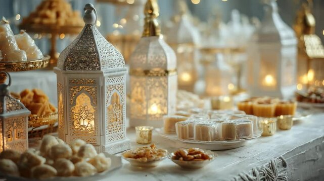 Festive Islamic lanterns and sweets arranged beautifully on a white tabletop for Mawlid al-Nabi celebration
