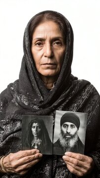 Shia women holding portraits of martyrs of Karbala against a studio white background
