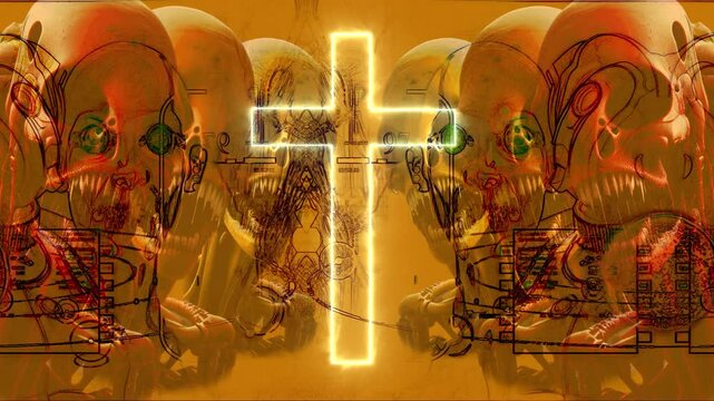 Glowing Cross and Distorted Faces: A Surreal Depiction of Faith and Fear
