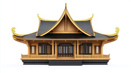 Fototapeta premium A digitally rendered, isolated image of a small, East Asian-style building with a dark gray hipped roof, golden accents, light brown wooden walls, and a balcony