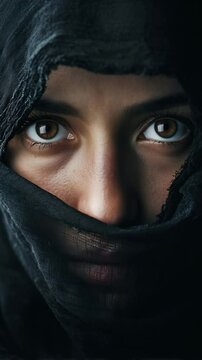 Emotional Muslim woman in black veil expressing mourning for Karbala in a poignant moment