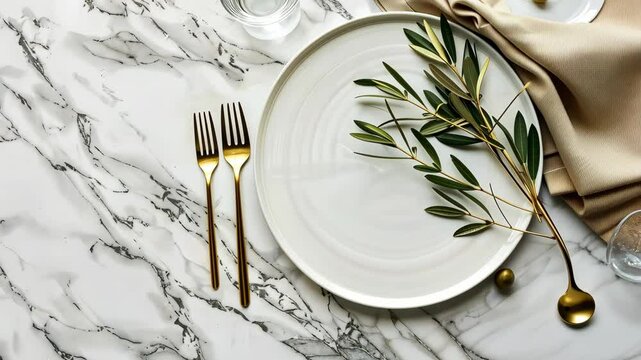 A refined dining arrangement featuring gold forks, a simple plate, and a fresh olive branch on a patterned marble surface