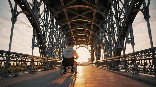 Empowered individual with physical disability navigating metal bridge during golden sunset, embodying independence and mobility through urban architectural landscape