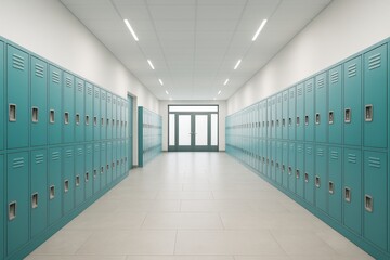 Empty modern school hallway with rows of teal lockers and bright ceiling lights in a clean architectural interior space concept.