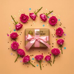 Birthday & Celebration Gift Box Backgrounds Gift Box Flat Lay with Flowers & Decorations on Various Backgrounds