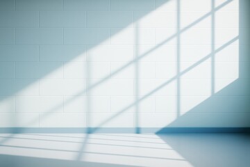Sunlight casting grid shadows on white brick wall inside modern empty room with minimalist architecture and clean interior design concept.