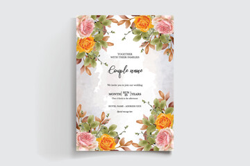 WEDDING INVITATION FRAME WITH FLOWER DECORATIONS AND FRESH LEAVES © IGNA