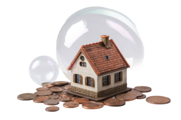 Miniature house on coins surrounded by bubbles symbolizing housing market volatility, cut out
