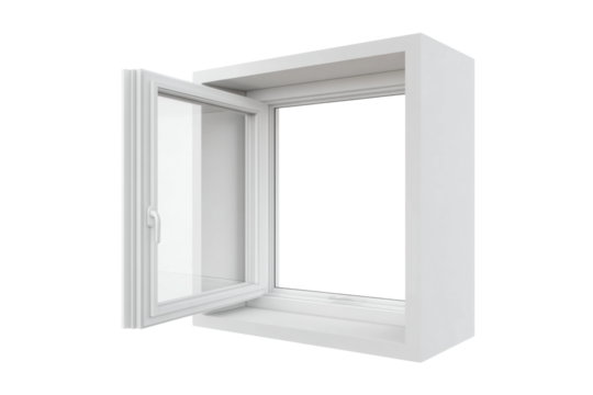 White modern open casement window on isolated background with minimal design, cut out