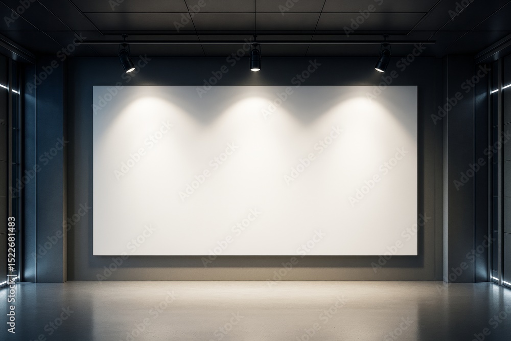 Poster modern dark gallery interior with large blank white canvas under spotlights for branding or artwork 