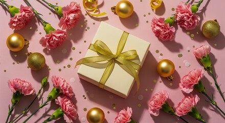 Birthday & Celebration Gift Box Backgrounds Gift Box Flat Lay with Flowers & Decorations on Various Backgrounds