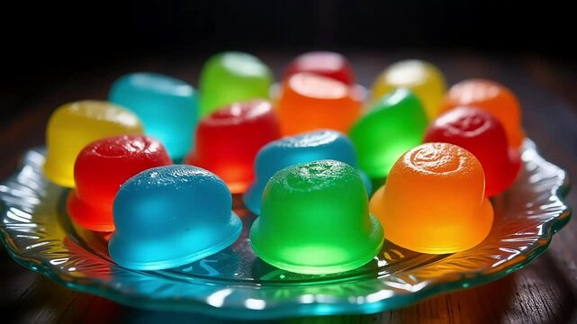 Colorful jelly candies on glass plate with soft light

