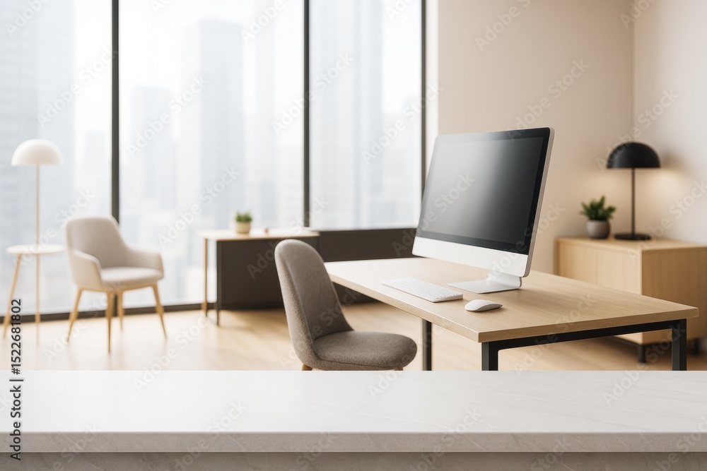 Poster modern minimalist office interior with computer desk and seating in bright high-rise room with large