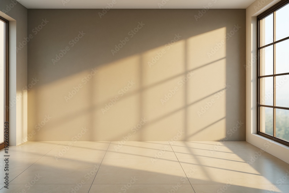 Poster sunlit contemporary empty indoor space with large window shadows on beige wall and tiled floor, clea