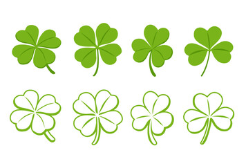 Set of icon Green cloverleaf isolated on a white background. Vector illustration cartoon flat