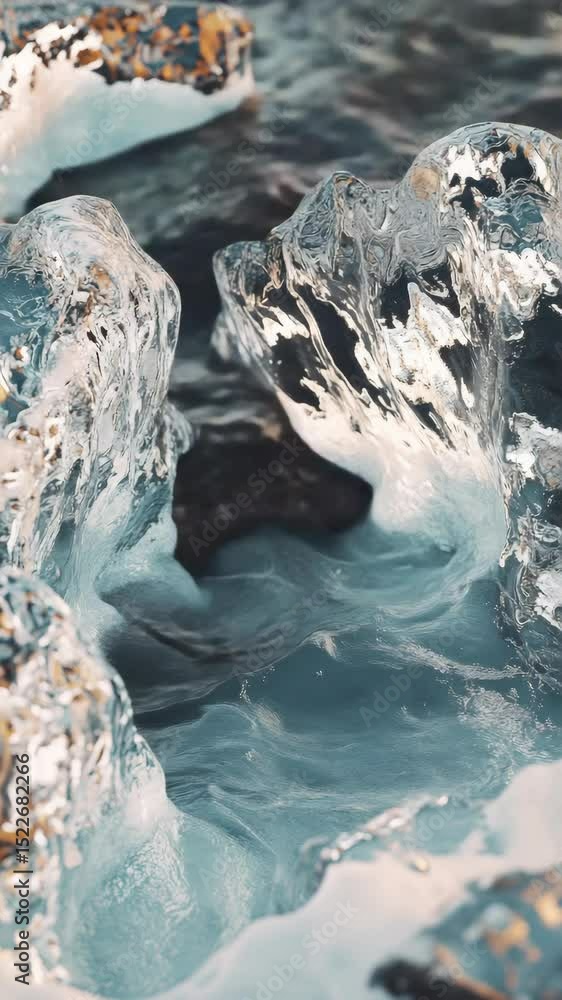 Poster river with floating ice chunks.