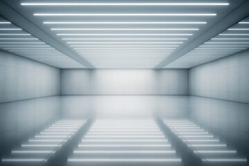 Obraz premium Futuristic empty modern room with glowing ceiling lights and reflective floor, clean minimalist architecture ideal for branding or design mockup concepts.