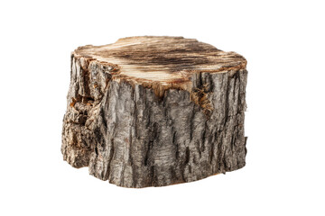 Detailed cross section of a tree stump with textured bark on black background, cut out